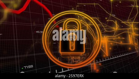 Sperren und Schlüsseldaten für das Sicherheitsimage über Finanzdaten und Diagramme Stockfoto