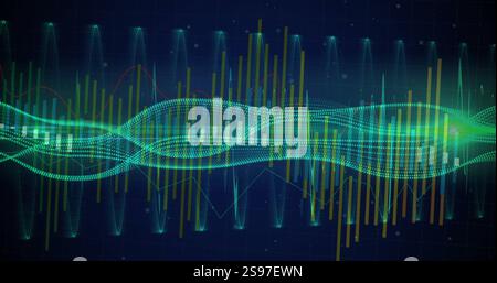 Schallwellen- und Frequenzbalken-Bild über dunkelblauem Hintergrund Stockfoto
