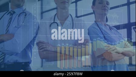Bild der Finanzdatenverarbeitung über verschiedene Ärzte im Krankenhaus Stockfoto