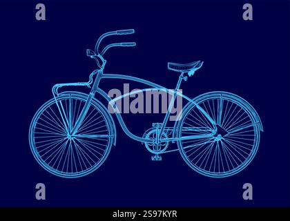 Blaues Fahrrad mit Lenker und Sitz. Das Motorrad wird stilvoll dargestellt, wobei der Rahmen des Motorrads und die Speichen des Laufrads das hauptfeld bilden Stock Vektor