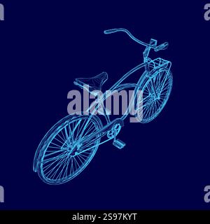 Blaues Fahrrad mit Sitz und blauem Lenker. Das Motorrad wird stilvoll gezeigt, wobei Sitz und Lenker aus einer anderen Ma zu bestehen scheinen Stock Vektor