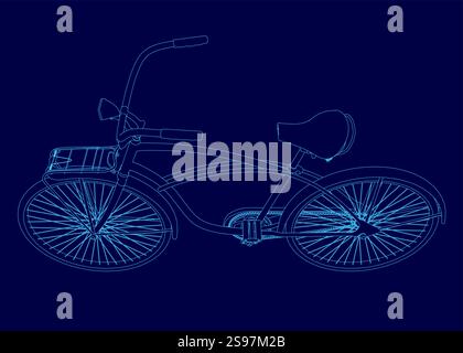 Blaues Fahrrad mit Sitz und Lenker. Das Motorrad wird stilvoll dargestellt, wobei der Rahmen des Motorrads und die Speichen des Rades die einzigen V sind Stock Vektor