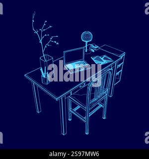 Blaue Zeichnung eines Schreibtisches mit Laptop, Vase und Lampe. Der Schreibtisch ist für Arbeit oder Studium eingerichtet, und der Laptop und die Vase vermitteln ein Gefühl von Produktivität Stock Vektor