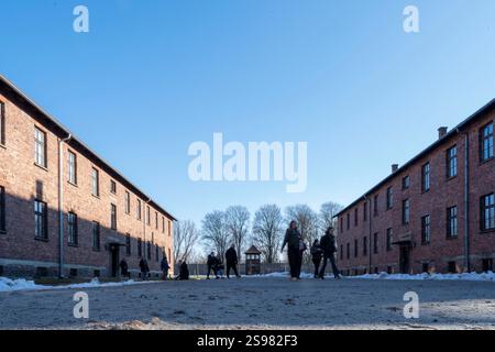 (250125) -- OSWIECIM, 25. Januar 2025 (Xinhua) -- Menschen besuchen das Konzentrationslager Auschwitz in Oswiecim, Polen, 24. Januar 2025. Der 80. Jahrestag der Befreiung des Konzentrationslagers Auschwitz fällt am 27. Januar 2025. Das Vernichtungslager des Zweiten Weltkriegs wurde 1940 von den Nazis gegründet. Schätzungen zufolge sind im Lager mindestens 1,1 Millionen Menschen ums Leben gekommen. Das Konzentrationslager wurde am 27. Januar 1945 von der sowjetischen Armee befreit, einem Tag, der zum Internationalen Holocaust-Gedenktag wurde. (Xinhua/Zhang Kun) Stockfoto