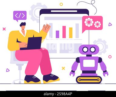 Illustration eines Roboters zur Programmierung eines Vektors mit künstlicher Intelligenz, der mit einer digitalen Datenschnittstelle für fortschrittliche Technologie interagiert Stock Vektor