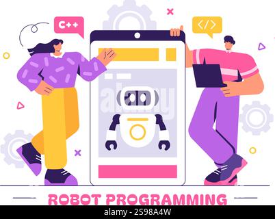Illustration eines Roboters zur Programmierung eines Vektors mit künstlicher Intelligenz, der mit einer digitalen Datenschnittstelle für fortschrittliche Technologie interagiert Stock Vektor