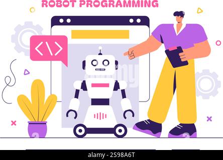 Illustration eines Roboters zur Programmierung eines Vektors mit künstlicher Intelligenz, der mit einer digitalen Datenschnittstelle für fortschrittliche Technologie interagiert Stock Vektor
