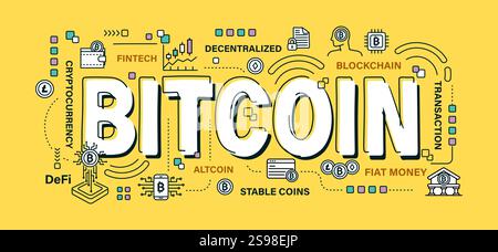 Bitcoin . Wort- und Umrisssymbol auf einfarbigem Hintergrund . Kryptowährungskonzept . Vektor . Editierbarer Schlaganfall. Stock Vektor