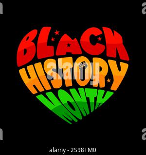 „Black History Month“ kreatives Konzept in Herzform mit einem Fausthandsymbol zur Feier der afroamerikanischen Black Power Love. Logo-Etikett, Aufkleber für Stock Vektor