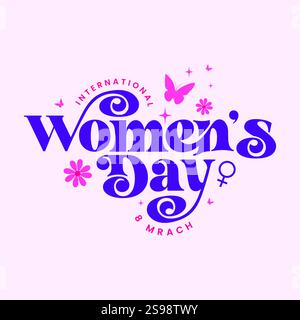 Damentagskarte mit dekorativem Text, Blumen und Schmetterling auf rosafarbenem Hintergrund. 8. März internationaler Frauentag Banner, Poster, Flyer Stock Vektor