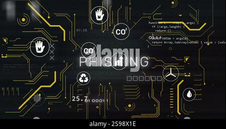 Abbildung von ECO-Symbolen und Datenverarbeitung über Phishing-Text Stockfoto