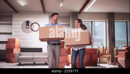 Glückliches Junges Paar, Das Kisten In New Home Umzieht Stockfoto