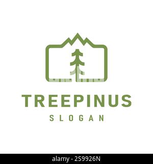 Berg- und Kiefernbaumelemente mit einfachen und klaren Linien. Dieses Logo ist für Unternehmen oder Organisationen geeignet, die sich auf die Umwelt konzentrieren Stock Vektor