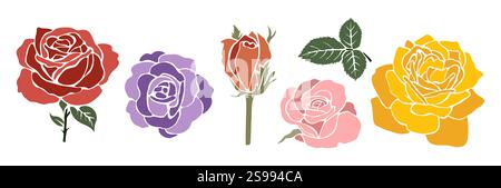 Set mit Rosenblüten in verschiedenen Farben und Größen Stock Vektor