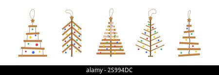 Weihnachtsbaumset aus Holz. Neujahr bastelt DIY-Idee für Kinder. Einfache Feiertagsdekorationen. Kunststofffreies Konzept. Vektor-Illustration in flachem Cartoon Stock Vektor