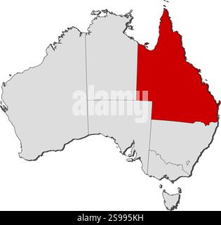 Karte von Australien mit den Provinzen, Queensland ist hervorgehoben. Stock Vektor