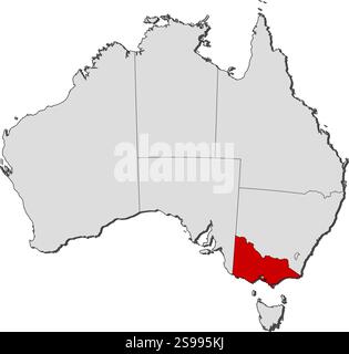 Karte von Australien mit den Provinzen, Victoria ist hervorgehoben. Stock Vektor