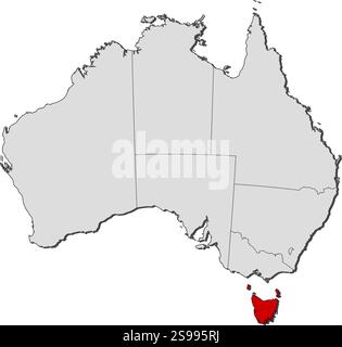 Karte von Australien mit den Provinzen, Tasmanien ist hervorgehoben. Stock Vektor