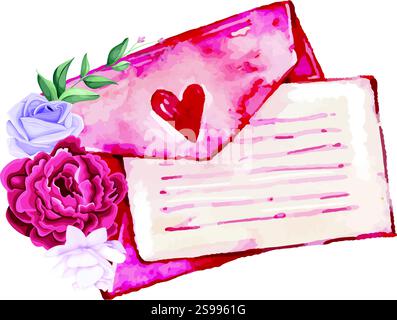 Valentine Love Letter Aquarellkonzept mit Herz und Blumen, süßer valentine Love Letter Vektor Stock Vektor