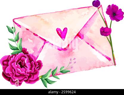 Valentine Love Letter Aquarellkonzept mit Herz und Blumen, süßer valentine Love Letter Vektor Stock Vektor