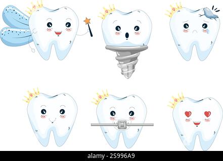 Emoji-Zahn mit Kronenvektor-Set-Design. Emojis Zähne Emoticon mit niedlichem Kawaii und lustigem Gesichtsausdruck mit Krone auf dem oberen Vektor Stock Vektor