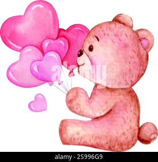 Teddybär mit Herzballons Vektor, Valentinstag Teddybär mit rosa Herzballons Vektor, Aquarell Teddybär Stock Vektor