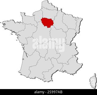 Karte von Frankreich mit den Provinzen, Île-de-France ist hervorgehoben. Stock Vektor
