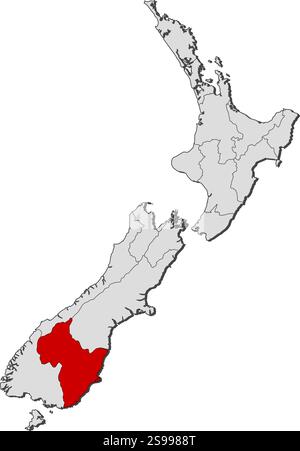 Karte von Neuseeland mit den Provinzen, Otago ist hervorgehoben. Stock Vektor