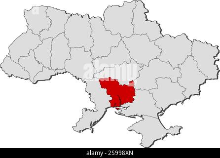 Karte der Ukraine mit den Provinzen, Mykolajew ist hervorgehoben. Stock Vektor