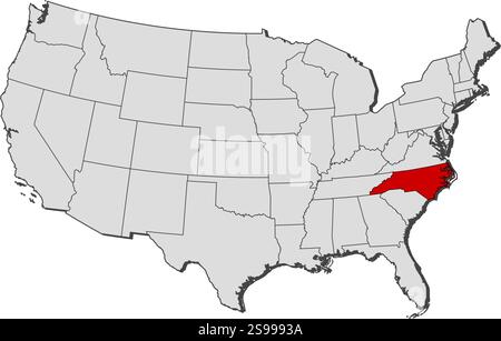 Karte der Vereinigten Staaten mit den Provinzen North Carolina ist hervorgehoben. Stock Vektor