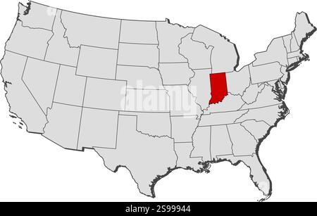 Karte der Vereinigten Staaten mit den Provinzen, Indiana ist hervorgehoben. Stock Vektor