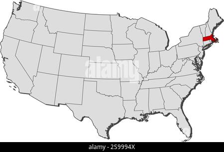 Karte der Vereinigten Staaten mit den Provinzen, Massachusetts ist hervorgehoben. Stock Vektor