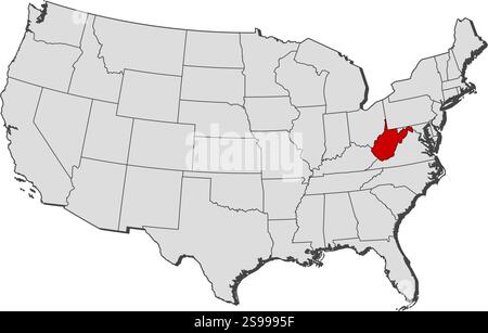 Karte der Vereinigten Staaten mit den Provinzen West Virginia ist hervorgehoben. Stock Vektor
