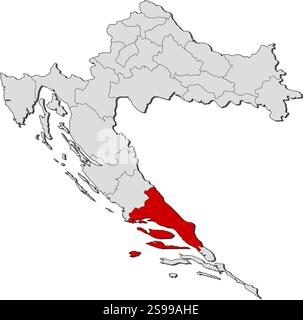 Karte von Kroatien mit den Provinzen, Split-Dalmatien ist hervorgehoben. Stock Vektor