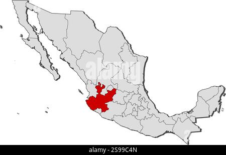 Karte von Mexiko mit den Provinzen, Jalisco ist hervorgehoben. Stock Vektor