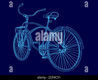 Blaues Fahrrad mit Sitz und blauem Lenker. Das Motorrad wird stilvoll dargestellt, wobei der Rahmen des Motorrads und die Speichen des Rades m sind Stock Vektor