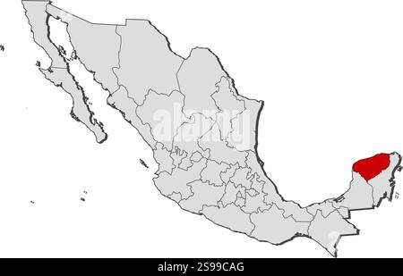 Karte von Mexiko mit den Provinzen, Yucatan ist hervorgehoben. Stock Vektor