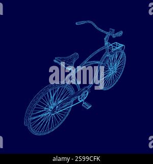 Blaues Fahrrad mit blauem Drahtmodell. Das Motorrad wird in einem 3D-Bild dargestellt. Isometrische Ansicht Stock Vektor