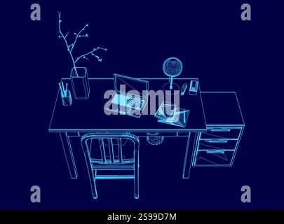 Blaue Zeichnung eines Schreibtisches mit Laptop, Vase, Lampe und Stuhl. Der Schreibtisch ist für Arbeit oder Studium eingerichtet, mit Laptop und Papieren auf der Oberfläche. Th Stock Vektor