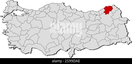 Karte der Türkei mit den Provinzen, Artvin ist hervorgehoben. Stock Vektor