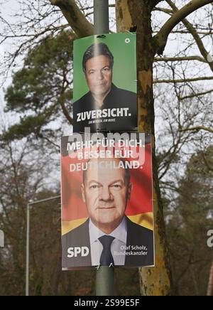 24.01.2025, xjhx, Politik Bundestagswahl 2025, Wahlplakate emspor, v.l. Wahlplakate zur Bundestagswahl 2025 Partei die Grünen, Zuversicht, Robert Habeck, SPD Olaf Scholz mehr für dich Besser für Deutschland Offenbach am Main Stockfoto