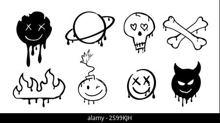 Graffiti Gangster Tattoo Elemente, Farbspritzer, Spray. Herzgesicht, Schädelset. Doodle Gunge groovige Druckkrone, Kirsche, Gruselset,. Vektorabbildung Stock Vektor