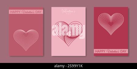 Valentinstag-Set-Karte. Modernes Drahtmodell-Herz-Symbol. Minimalistisches Weihnachtsposter in rosa Pastelltönen. Konzept für Banner, Flyer, Partyeinladungen Stock Vektor
