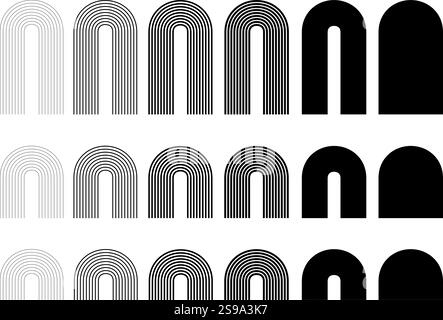 Geometrische Bögen, Bögen, Regenbögen, 9 Bänder. 9 Zeilen. Satz mit 21 bearbeitbaren Vector Arch Design-Elementen, 21 verschiedenen Varianten für Designzwecke. Stock Vektor