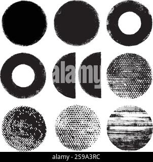 Vektor-Kreisformen. Set mit 9 handgemalten Grunge-Vektorkreisen. Bearbeitbare, skalierbare Vektoren für die Konstruktionsverwendung. 9 Schwarzweiß-Varianten. Stock Vektor