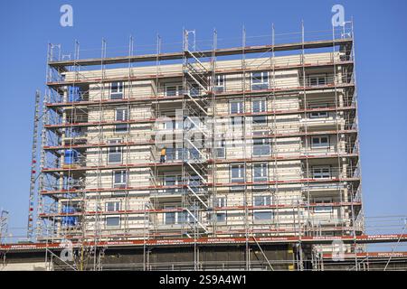 Nahaufnahme eines im Bau befindlichen Gebäudes, mit sichtbarem Gerüst und vielen Fenstern, Wohnbau, Neubau von 50 Wohnungen, Neubau Stockfoto