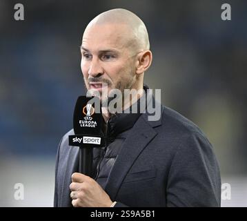 Coach Christian Ilzer TSG 1899 Hoffenheim im Interview Mikrofon Logo SKY Europa League, PreZero Arena, Sinsheim, Baden-Württemberg, Deutschland, Eur Stockfoto