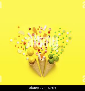 Kreatives Stillleben Foto von drei Waffelkegeln mit Süßigkeiten, Obst und Marshmallow auf gelbem Hintergrund Stockfoto