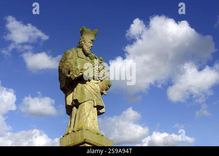 Fotomontage, Montage, (M), Deutschland, Hessen, Seligenstadt, Nepomuk-Statue an der Hans-Memling-Schule, Johannes von Nepomuk, heiliger, Märtyrer, Statue, Federa Stockfoto