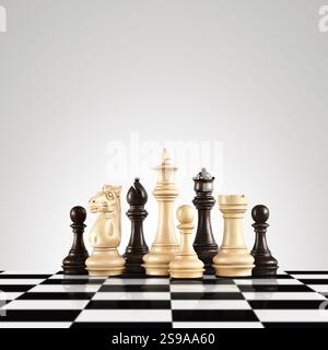Strategie- und Führungskonzept, schwarz-weiße Holzschachfiguren stehen auf dem Brett bereit für das Spiel Stockfoto